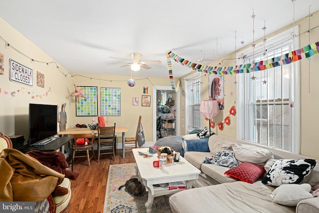 living room featuring ceiling fan and wood-type flooring