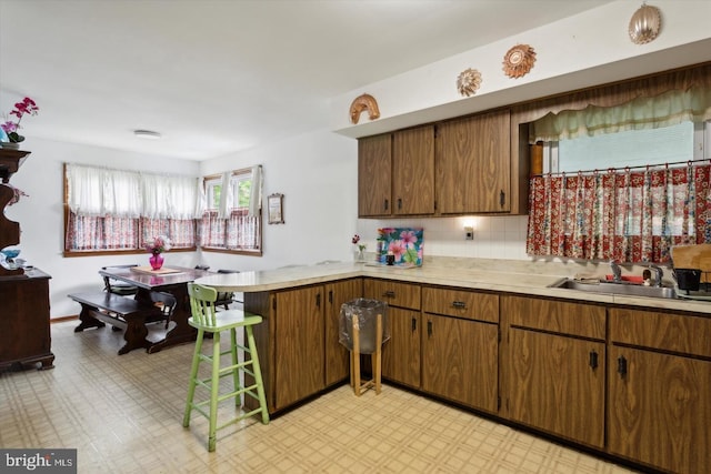 kitchen featuring tasteful backsplash, sink, and kitchen peninsula