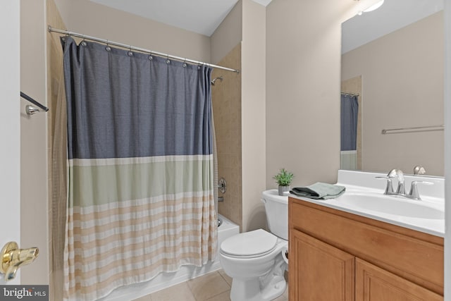 full bath with shower / bath combination with curtain, vanity, toilet, and tile patterned floors