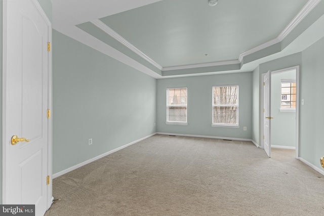 empty room featuring ornamental molding, a tray ceiling, and light colored carpet