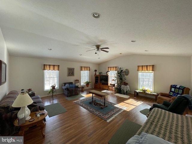 living room with hardwood / wood-style flooring, vaulted ceiling, and a textured ceiling