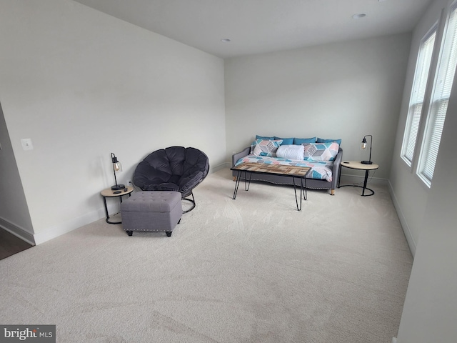 living area featuring carpet floors and baseboards