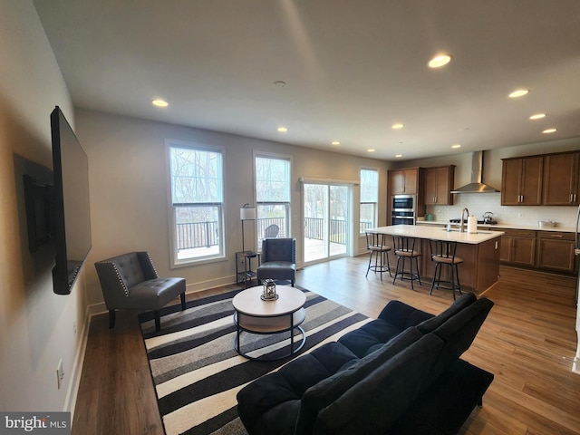 living area featuring baseboards, wood finished floors, and recessed lighting