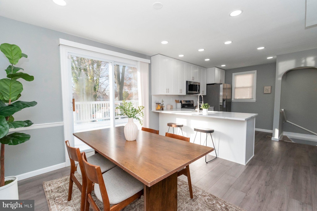 dining space featuring sink and dark wood-type flooring