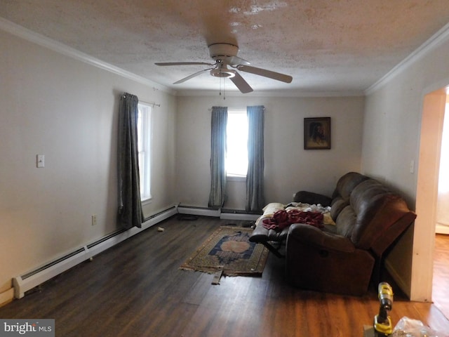 unfurnished living room with a baseboard radiator, dark wood-type flooring, ornamental molding, ceiling fan, and a textured ceiling