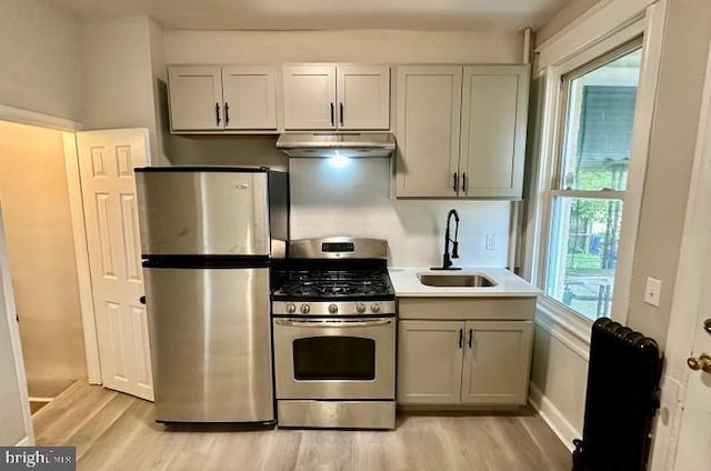 kitchen featuring appliances with stainless steel finishes, sink, and light wood-type flooring