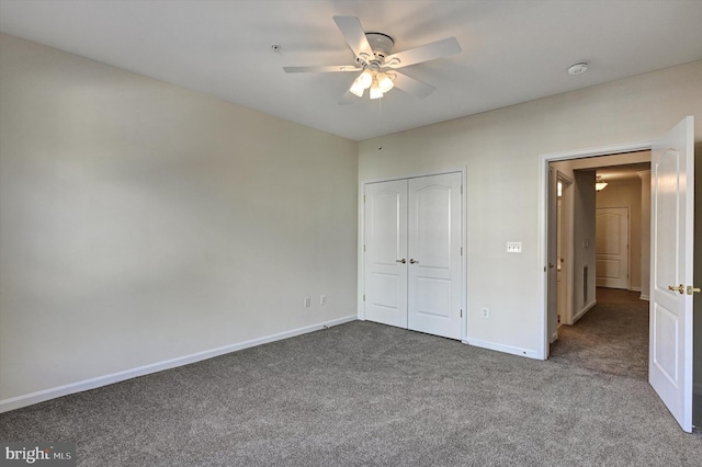 unfurnished bedroom featuring ceiling fan, carpet floors, and a closet