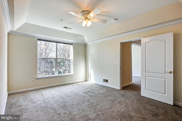 unfurnished room with carpet, ceiling fan, and a tray ceiling