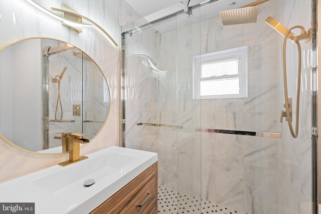 bathroom featuring vanity and walk in shower