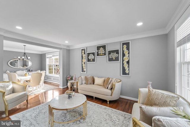 living room with crown molding, hardwood / wood-style floors, and an inviting chandelier