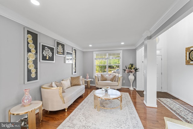 living room with wood-type flooring and crown molding