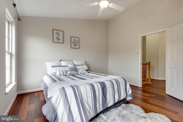 bedroom featuring lofted ceiling, dark hardwood / wood-style flooring, and multiple windows