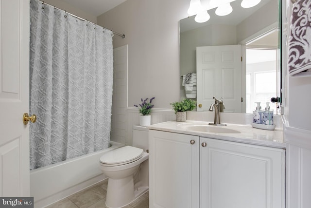 full bathroom with vanity, shower / bath combo, tile patterned floors, and toilet