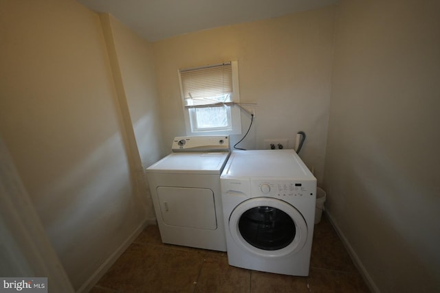 laundry area with washer and clothes dryer and dark tile patterned floors