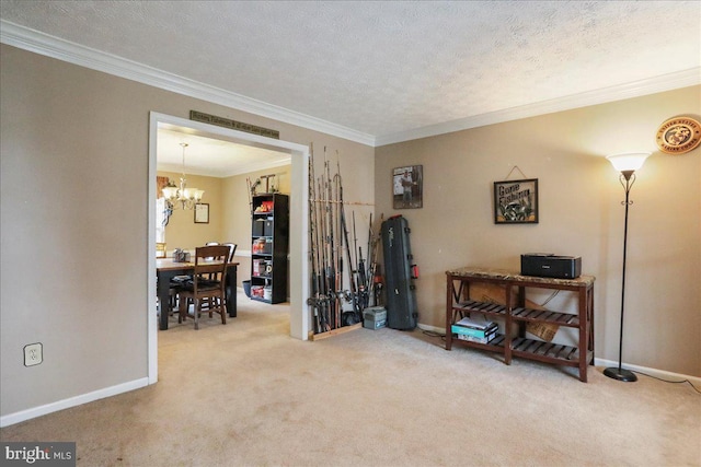 misc room featuring crown molding, a chandelier, a textured ceiling, and carpet flooring