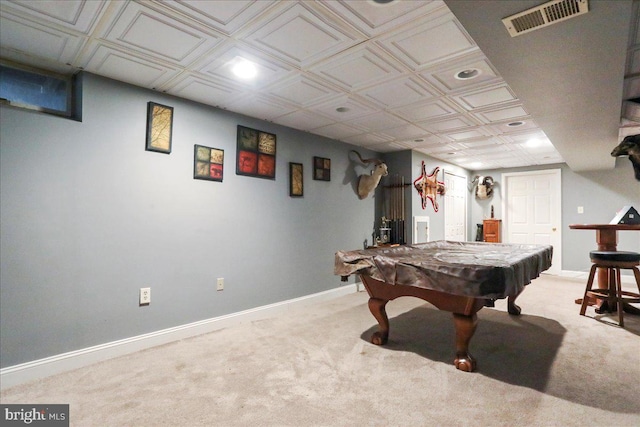 playroom featuring light carpet and billiards