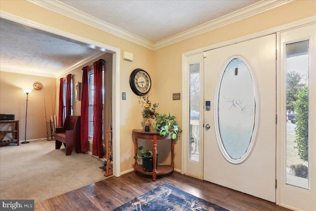 foyer featuring crown molding, a textured ceiling, and hardwood / wood-style flooring