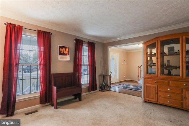 sitting room with plenty of natural light, light carpet, and a textured ceiling