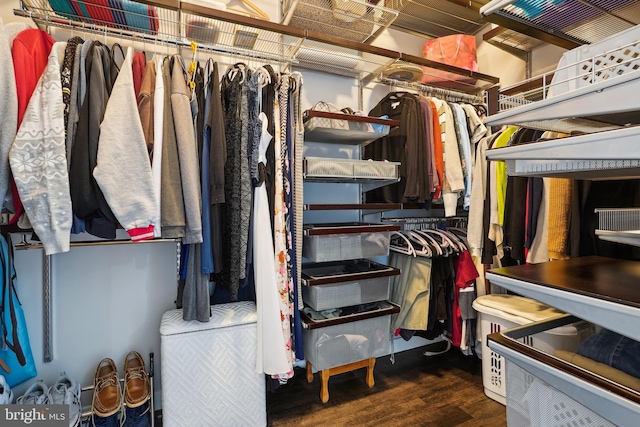 walk in closet with dark hardwood / wood-style flooring