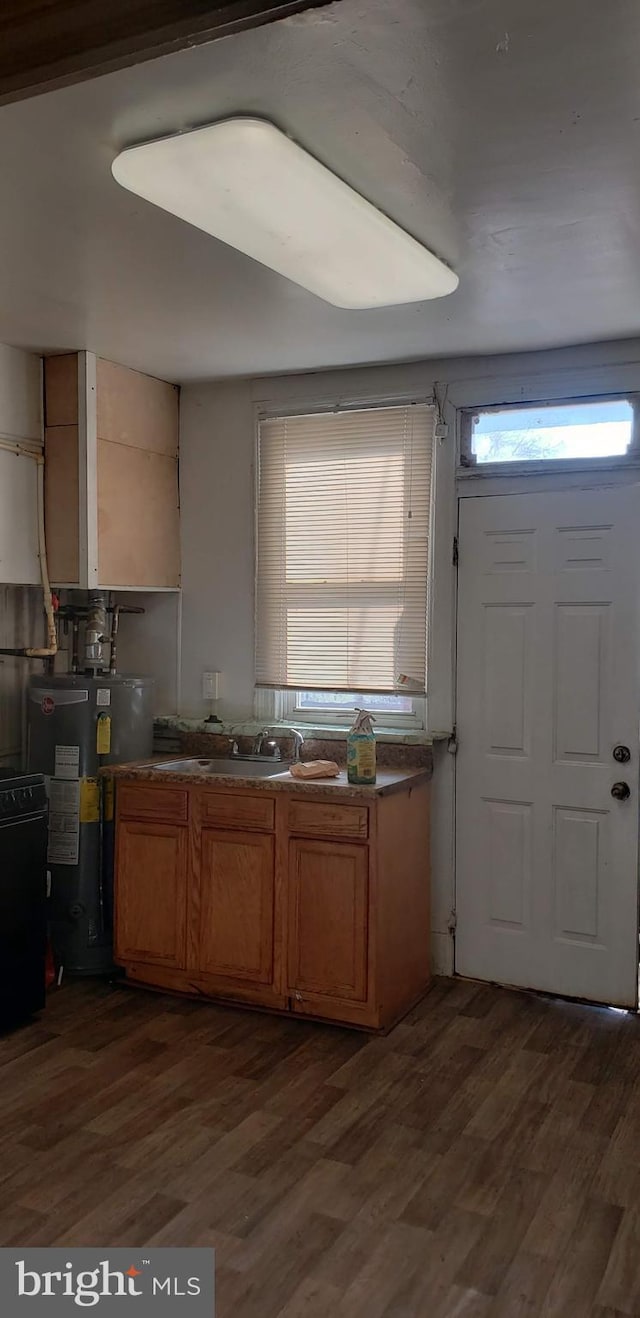 kitchen with water heater, dark hardwood / wood-style floors, and sink