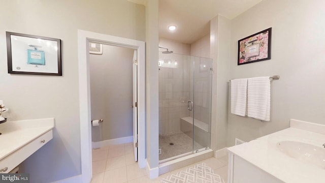 bathroom featuring tile patterned flooring, vanity, and walk in shower