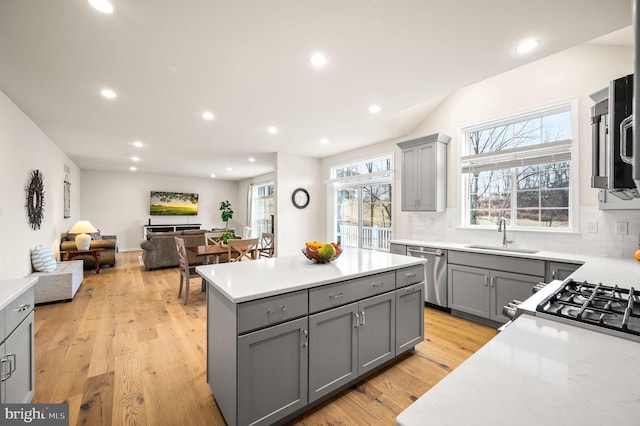 kitchen featuring gray cabinets, appliances with stainless steel finishes, sink, and light hardwood / wood-style floors