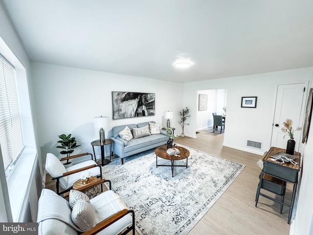 living room featuring a wealth of natural light and light wood-type flooring