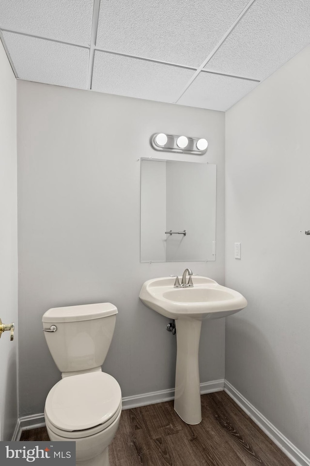 bathroom with a drop ceiling, hardwood / wood-style floors, and toilet