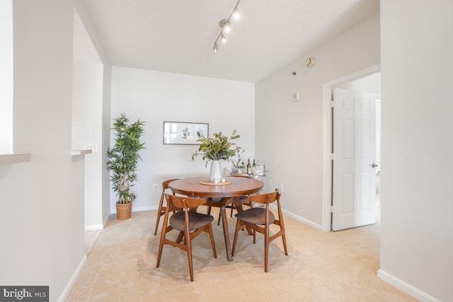 dining room featuring rail lighting, light colored carpet, a textured ceiling, and baseboards