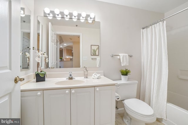 full bathroom featuring shower / tub combo, vanity, and toilet