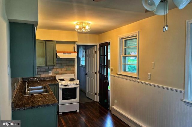 kitchen with sink, green cabinetry, dark hardwood / wood-style floors, custom range hood, and white range with electric stovetop