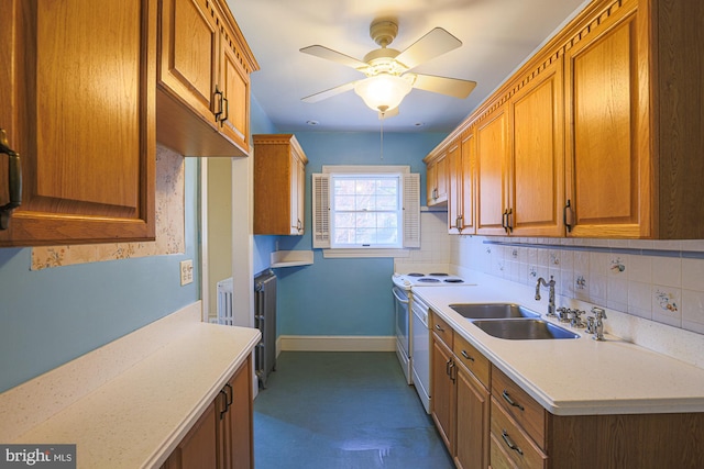 kitchen with radiator, white electric range, sink, decorative backsplash, and ceiling fan