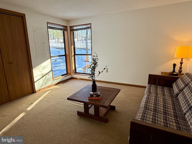 interior space featuring light colored carpet and a textured ceiling