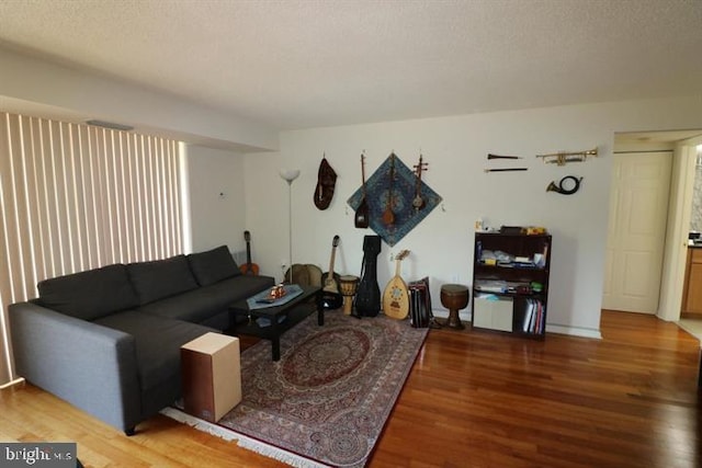 living room with wood-type flooring and a textured ceiling