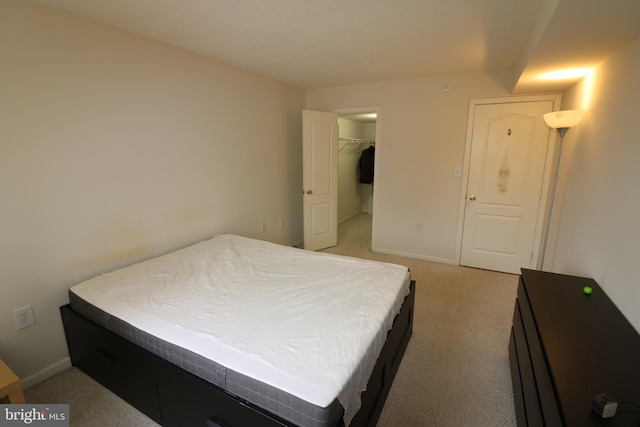 bedroom featuring a walk in closet and light carpet