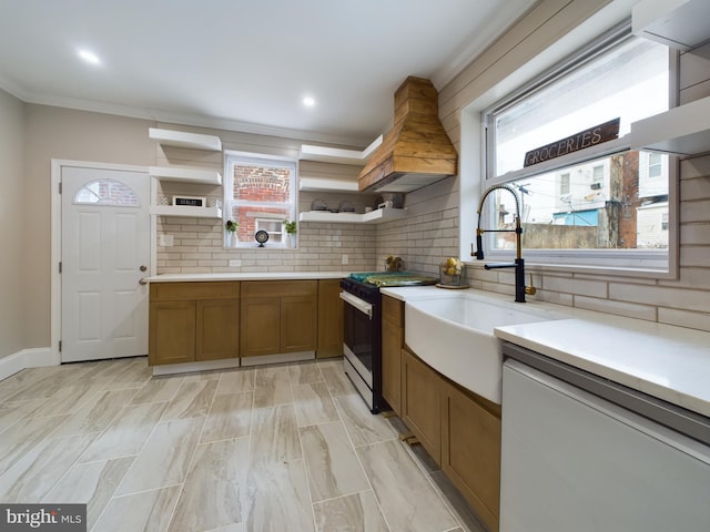 kitchen with black stove, sink, decorative backsplash, custom exhaust hood, and crown molding