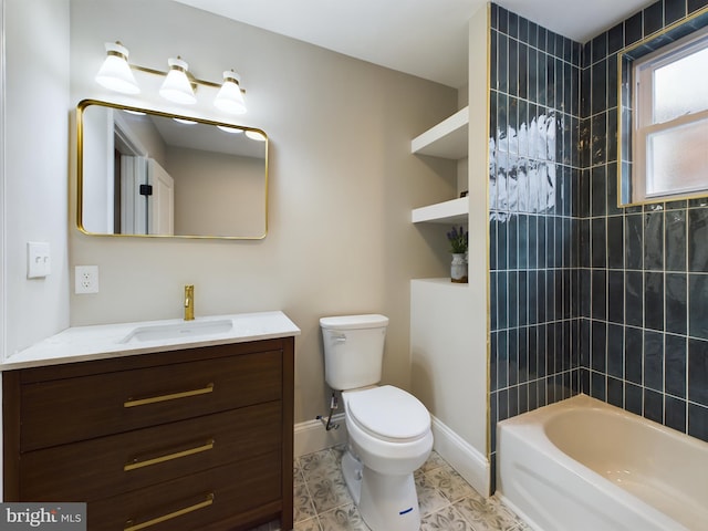 full bathroom with tile patterned flooring, vanity, tiled shower / bath, and toilet