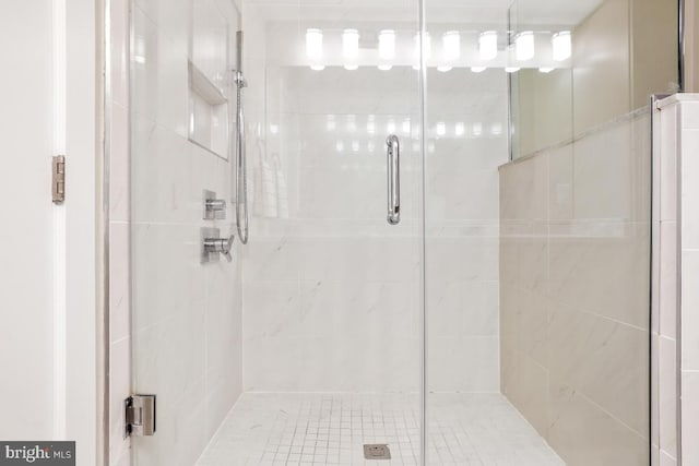 bathroom featuring a shower with door