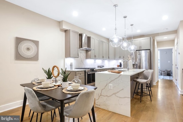 kitchen featuring gray cabinetry, appliances with stainless steel finishes, an island with sink, and wall chimney range hood