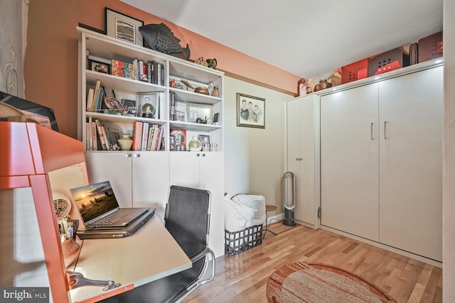 office area featuring a textured ceiling and light hardwood / wood-style flooring