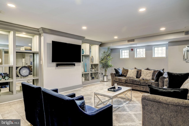 living room featuring light tile patterned floors