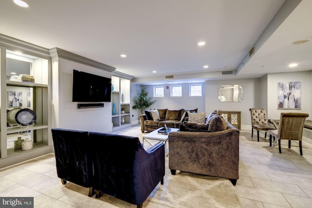 living room featuring light tile patterned flooring