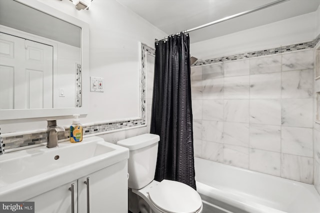 full bathroom featuring shower / tub combo with curtain, tile walls, decorative backsplash, vanity, and toilet