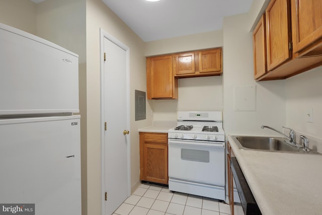 kitchen featuring sink, white appliances, electric panel, and light tile patterned floors