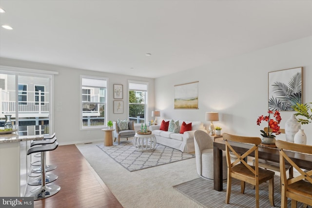 living room featuring dark wood-type flooring