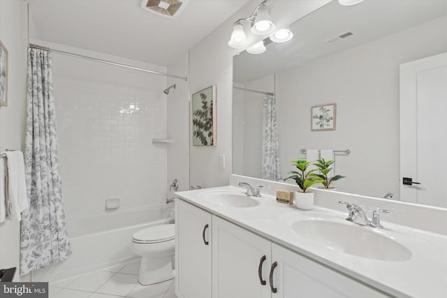 full bathroom featuring toilet, tile patterned floors, shower / bathtub combination with curtain, and vanity