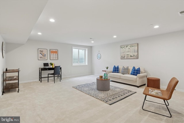 living room with light colored carpet