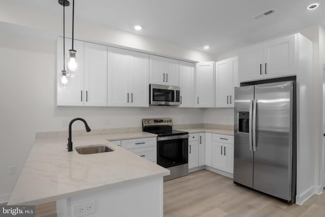 kitchen featuring appliances with stainless steel finishes, white cabinetry, sink, hanging light fixtures, and kitchen peninsula