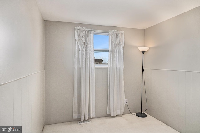 unfurnished room featuring wooden walls and carpet floors