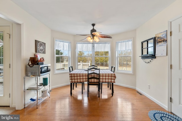 dining area with ceiling fan and hardwood / wood-style floors